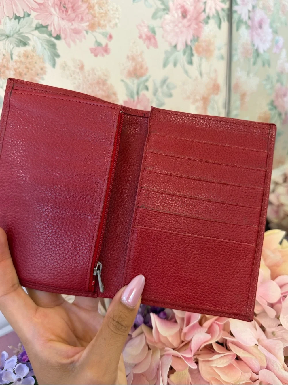 Vintage Longchamp Red Pebbled Leather Passport Wallet